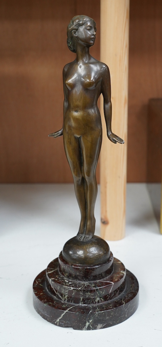 Lissy Eckart (German, 1891-1974), an Art Deco bronze, standing female nude, on marble base, 35cm. Condition - fair to good, chips to marble